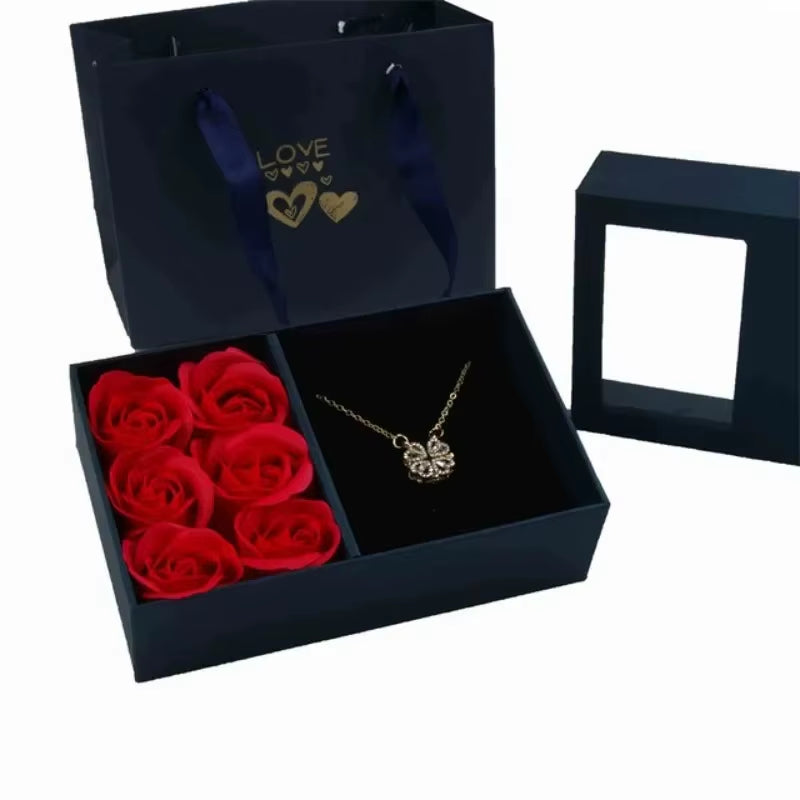 Romantic Window Jewelry Box with 6 Roses – Perfect for necklaces, Bracelets, Eternal Flower Gift Set