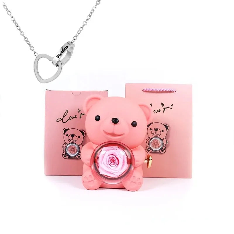 Eternal Rose Teddy Bear Gift Set with Rotating Jewelry Box and Necklace – Perfect for Valentine’s, Weddings, or Special Occasions