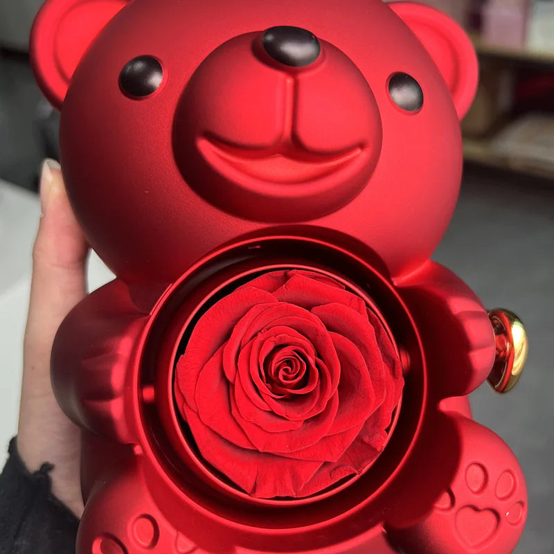 Eternal Rose Teddy Bear Gift Set with Rotating Jewelry Box and Necklace – Perfect for Valentine’s, Weddings, or Special Occasions