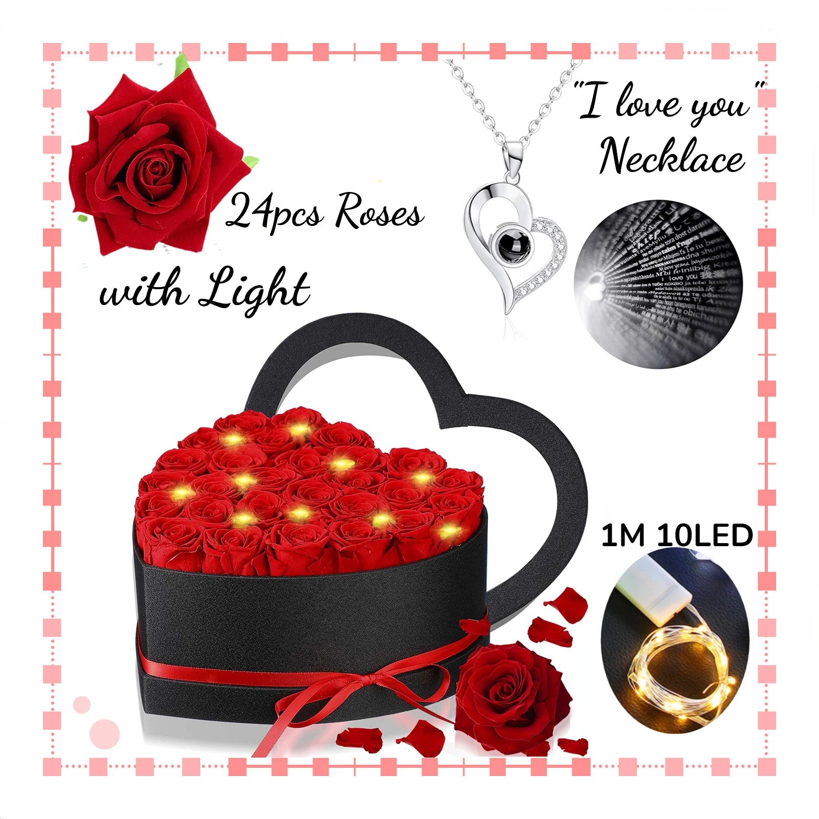 24-Piece Eternal Roses Bouquet in Heart-Shaped Gift Box with necklace 