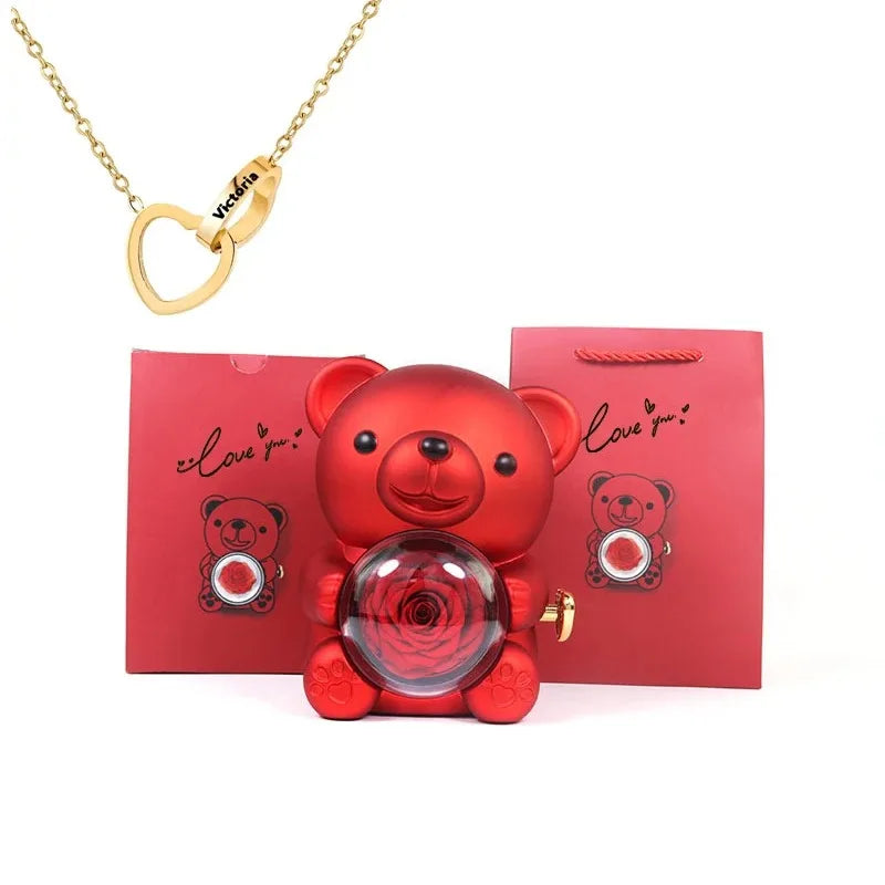 Eternal Rose Teddy Bear Gift Set with Rotating Jewelry Box and Necklace – Perfect for Valentine’s, Weddings, or Special Occasions