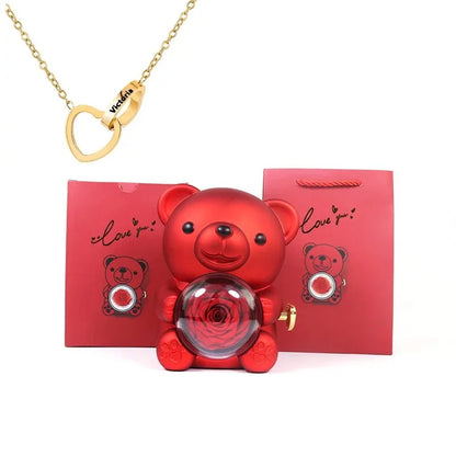 Eternal Rose Teddy Bear Gift Set with Rotating Jewelry Box and Necklace – Perfect for Valentine’s, Weddings, or Special Occasions