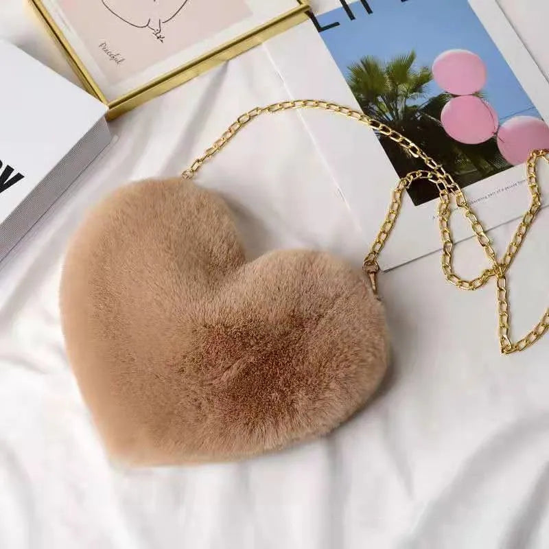 Fluffy Faux Fur Heart Crossbody Bag – Cute Mini Purse for Women