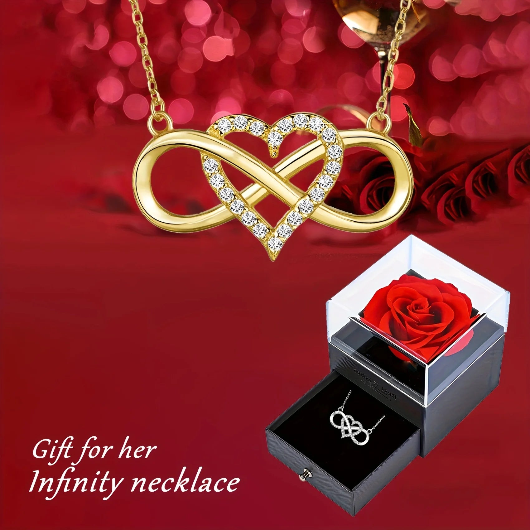 Elegant Infinity Heart Pendant Necklace with Rose Gift Box – Perfect for Valentine’s, Anniversary, or Christmas