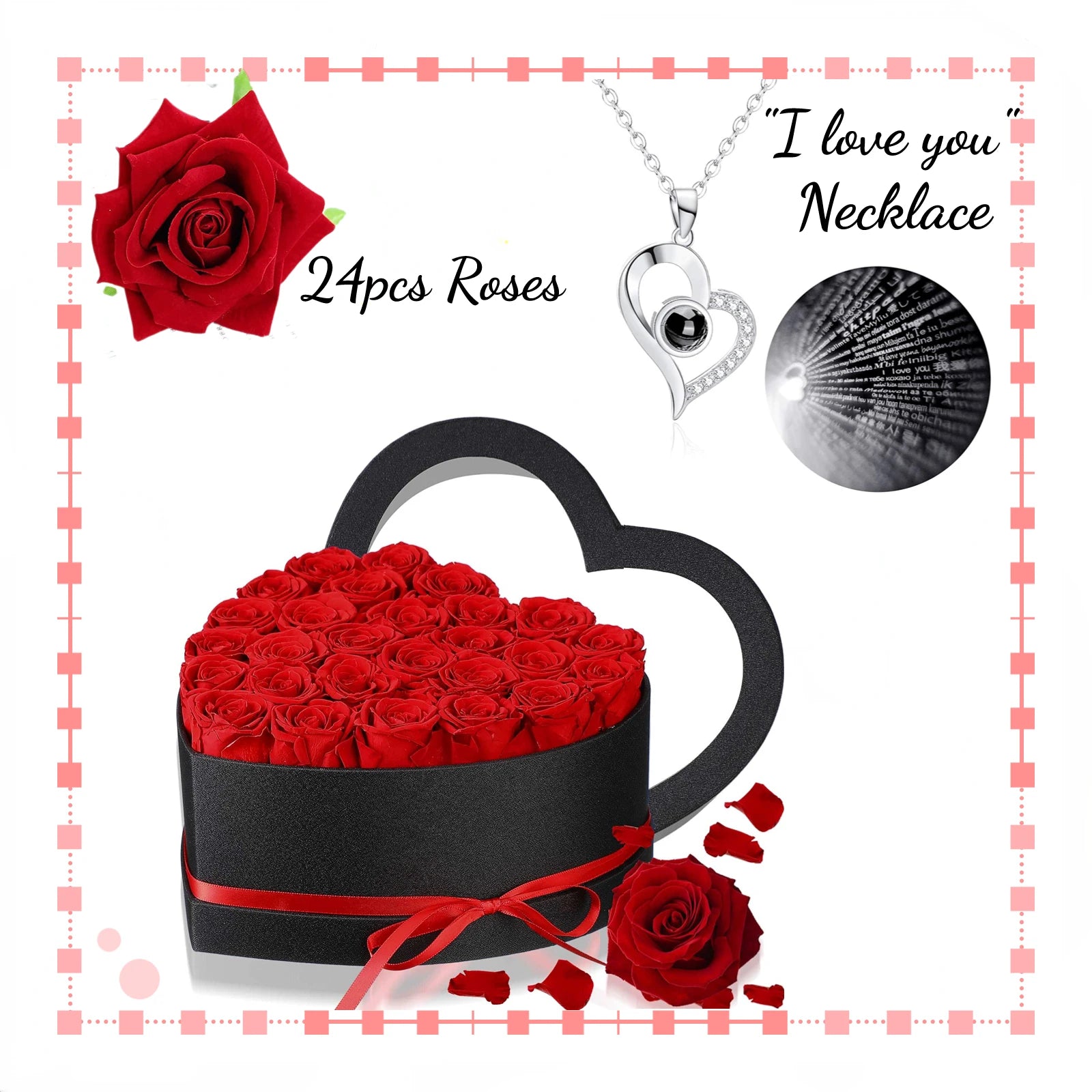 24-Piece Eternal Roses Bouquet in Heart-Shaped Gift Box with necklace 