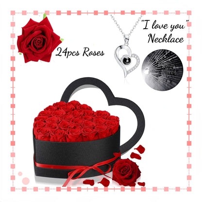 24-Piece Eternal Roses Bouquet in Heart-Shaped Gift Box with necklace 