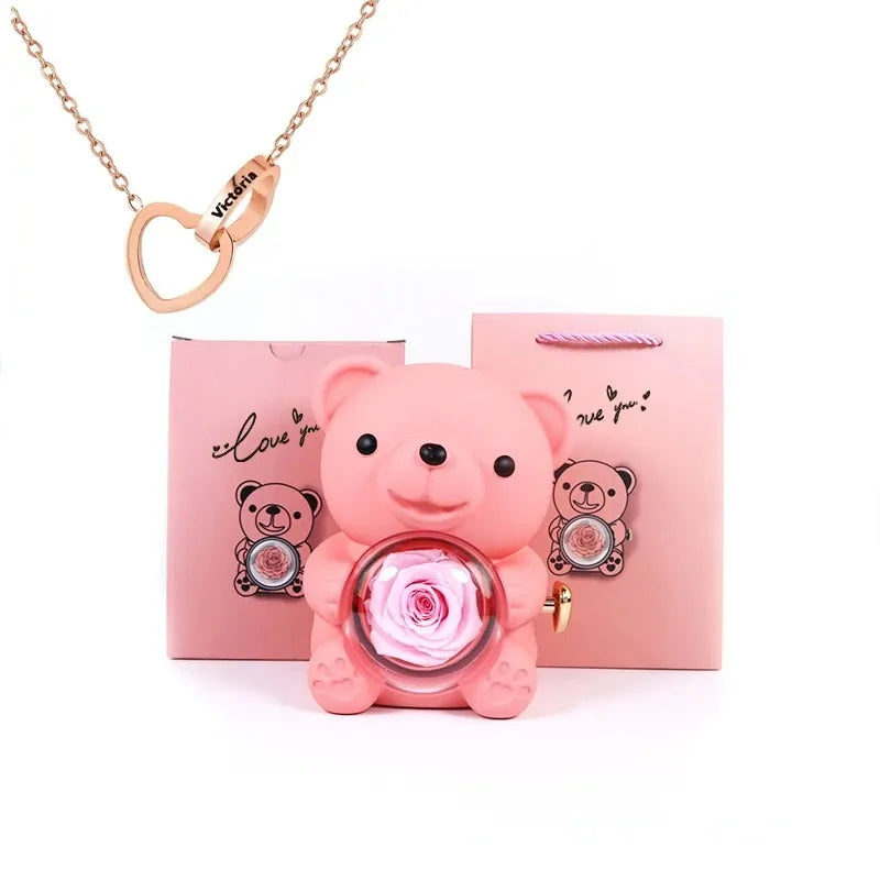 Eternal Rose Teddy Bear Gift Set with Rotating Jewelry Box and Necklace – Perfect for Valentine’s, Weddings, or Special Occasions