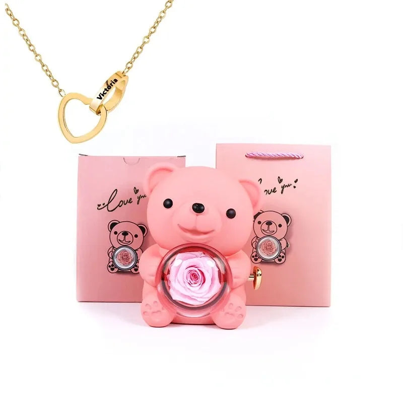 Eternal Rose Teddy Bear Gift Set with Rotating Jewelry Box and Necklace – Perfect for Valentine’s, Weddings, or Special Occasions