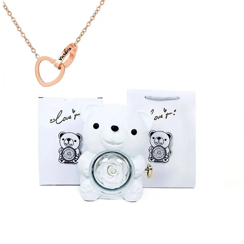 Eternal Rose Teddy Bear Gift Set with Rotating Jewelry Box and Necklace – Perfect for Valentine’s, Weddings, or Special Occasions