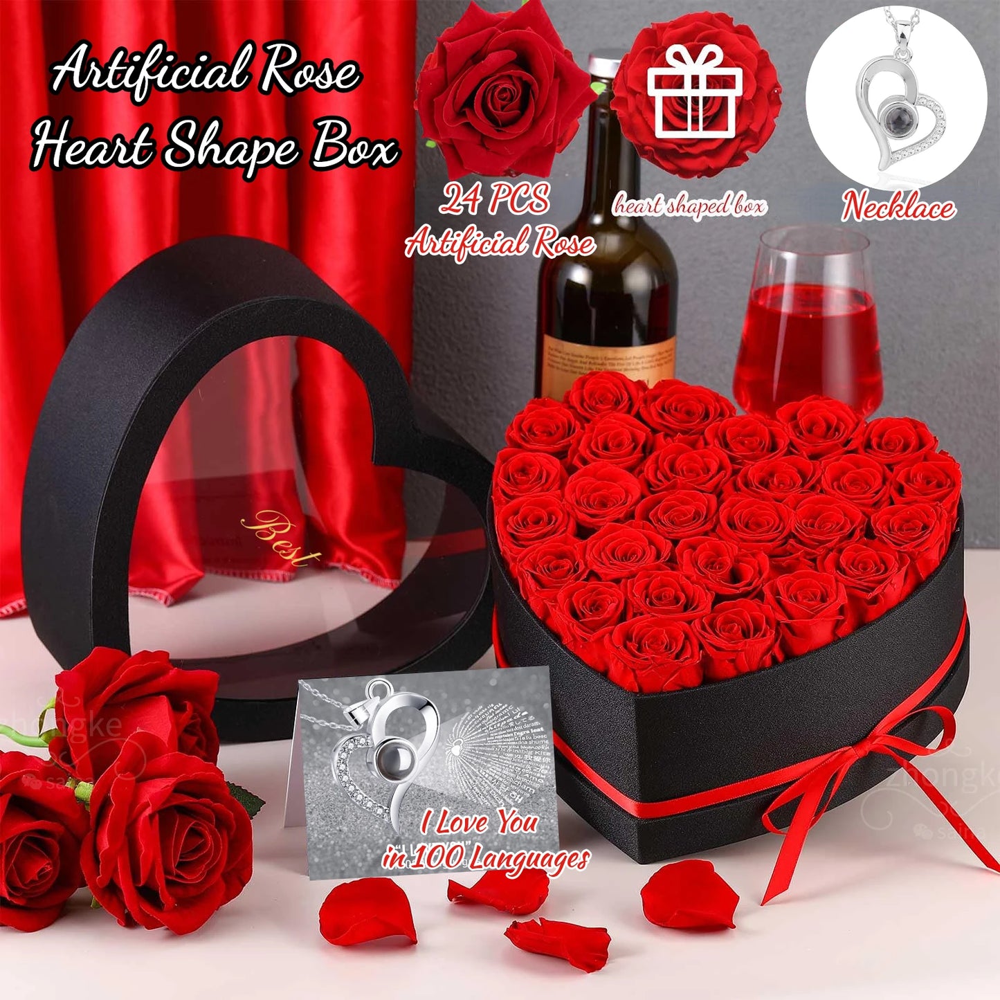 24-Piece Eternal Roses Bouquet in Heart-Shaped Gift Box with necklace 