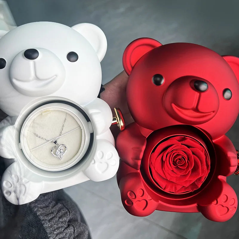 Eternal Rose Teddy Bear Gift Set with Rotating Jewelry Box and Necklace – Perfect for Valentine’s, Weddings, or Special Occasions