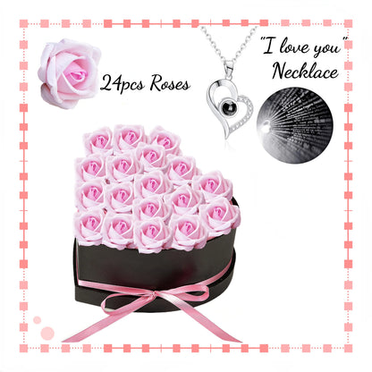 24-Piece Eternal Roses Bouquet in Heart-Shaped Gift Box with necklace 