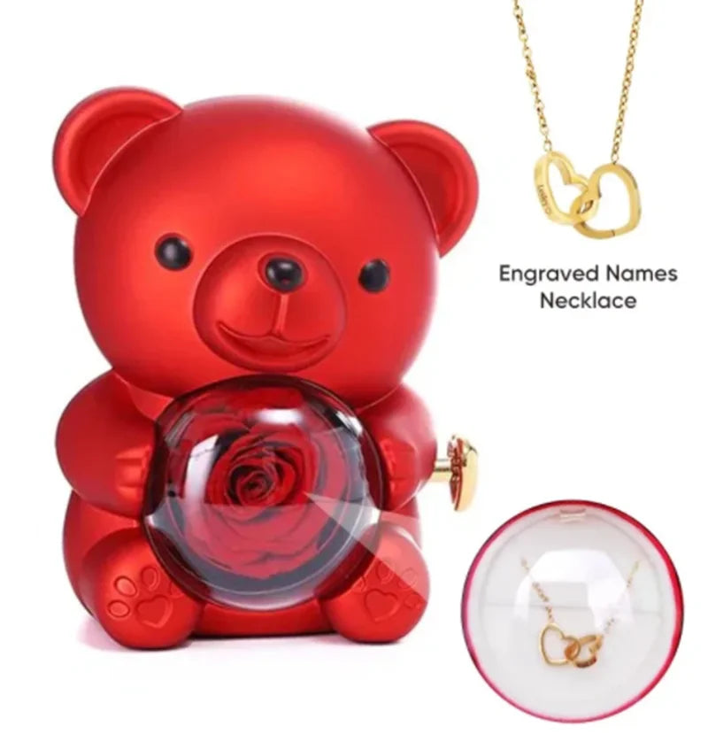 Eternal Rose Teddy Bear Gift Set with Rotating Jewelry Box and Necklace – Perfect for Valentine’s, Weddings, or Special Occasions