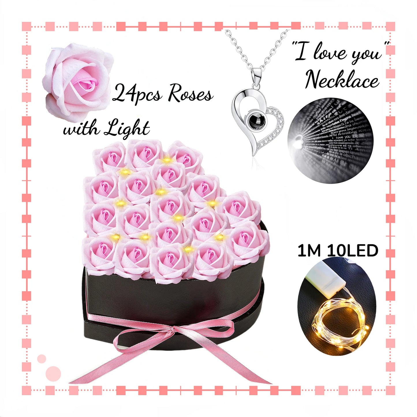 24-Piece Eternal Roses Bouquet in Heart-Shaped Gift Box with necklace 