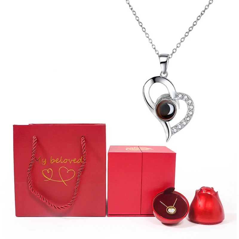 Luxury Love Heart Projection Necklace - 'I Love You' in 100 Languages with Rose Gift Box