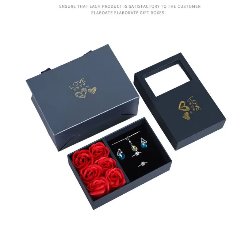 Romantic Window Jewelry Box with 6 Roses – Perfect for necklaces, Bracelets, Eternal Flower Gift Set